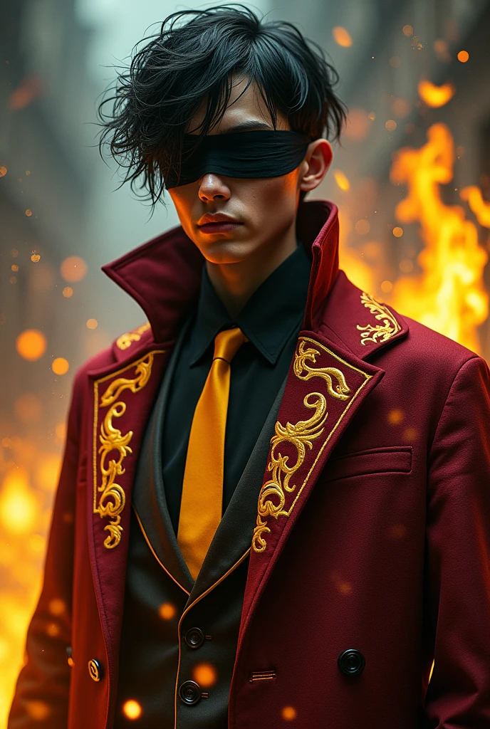 General appearance: Paradox is a young man, of slim but athletic build, with an enigmatic appearance. His eyes are covered by bandages, which gives it an air of mystery and hides its disturbing look. His hair is black and messy, falling in locks around her pale face.
outfit: He wears a long dark-colored suit, almost black, with yellow details that represent its connection to the frenzied flames. His coat is a deep crimson hue, with embroidery that symbolizes the madness and fire that he carries within.
Distinctive Details: His presence is disturbing, and the energy it emanates is dangerous and volatile. The Frenzied Flame's yellow flames often flicker around its hands or on its skin., creating a sense of instability and uncontrolled power.