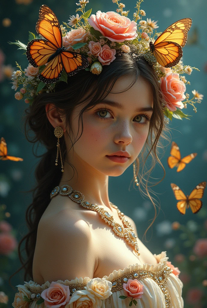 (masterpiece, top quality, Best Quality, official art, beautiful and aesthetic:1.2), (1 girl), extremely detailed,(fractal art:1.3),showy,more detailed,Upper part of the body, [cord],[jewelry],[flower],[[mariposa]],