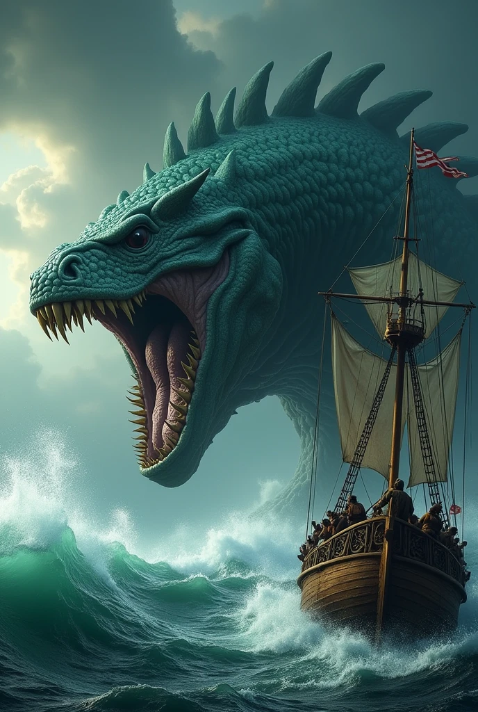 Sea monster emerges from the sea and sinks a ship