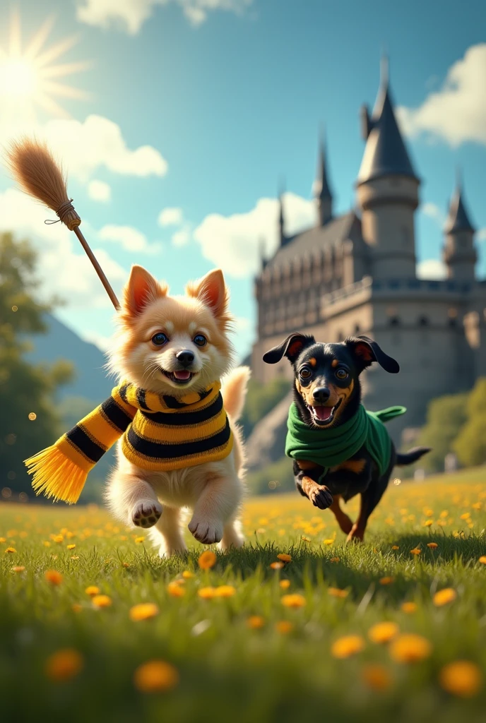 Create an image of a beige German Spitz dog dressed in the Hufflepuff house uniform from the Harry Potter saga flying on a broomstick in a Quidditch game at Hogwarts, on another broom black dachshund wearing slytherin house clothes