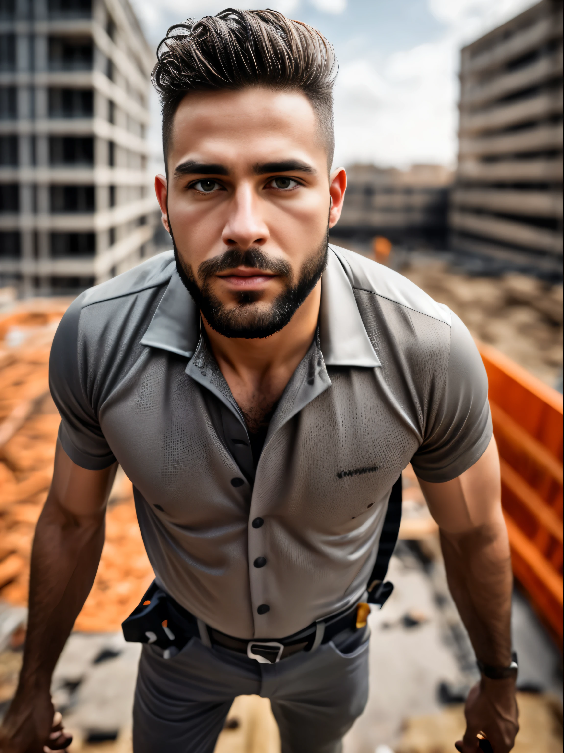 work of art, best qualityer, high resolution, retrato em close, male focus, focus only, one men, 20 years old, with construction worker uniform, unbuttoned work clothes, construction worker, silver gray hair, messy hairstyle, cute and seducer face, bare chested, body hair, facial hair, roman nose, sweaty, opening the legs, hairy armpit, pubic-hair, seducer, very thin body, furry legs, Dimples, barba, goatee, bold chin , in the background a construction site, orange safety vest, homosexual , erotic, view from the bottom, amazing composition, from front view, HDR, ultra quality, chic, highy detailed
