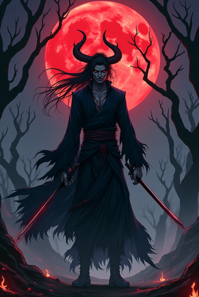 Demon from Demon Slayer who is a man and human wearing dark clothes and having swords in his hands that looks like Tanjiro from Demon Slayer please do it well