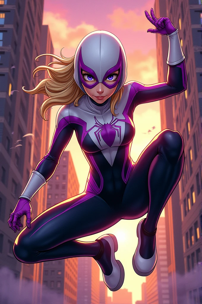 15 year old spider Gwen with big breasts in her costume of white purple and black