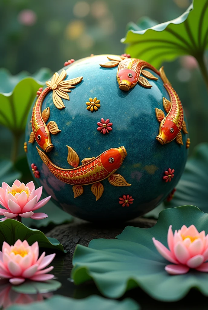 Globe with beautiful Thai art carp gold and blue color full body reflecting sunlight living among lotus flowers and green leaves. Cinematic 3D quality.