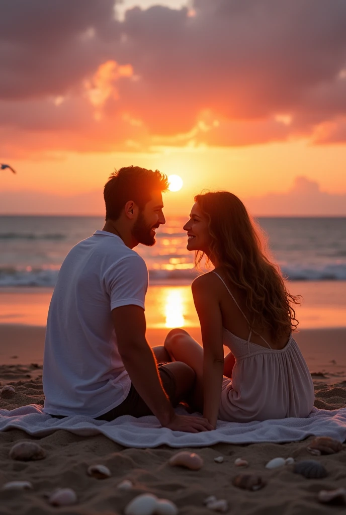 Here is an image of a couple in love who are sitting looking at the beach during a beautiful sunset.
