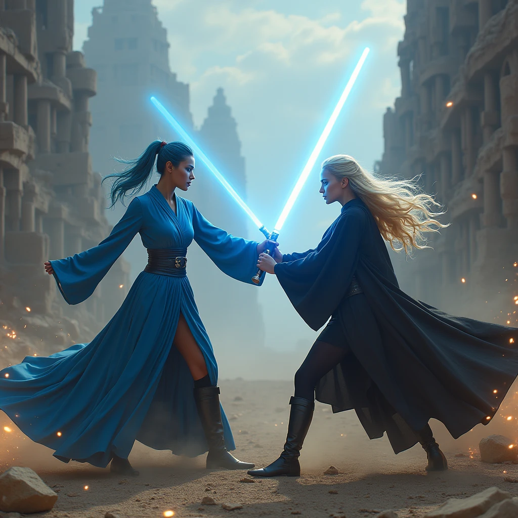 1 beautiful biracial latina woman, light blue hair, light blue eyes, big large breasts dress in blue jedi with lighsaber blue fight a beautiful white woman, blue eyes, blond hair, big large breast, dress in black jedi light saber gold, in apocalypse