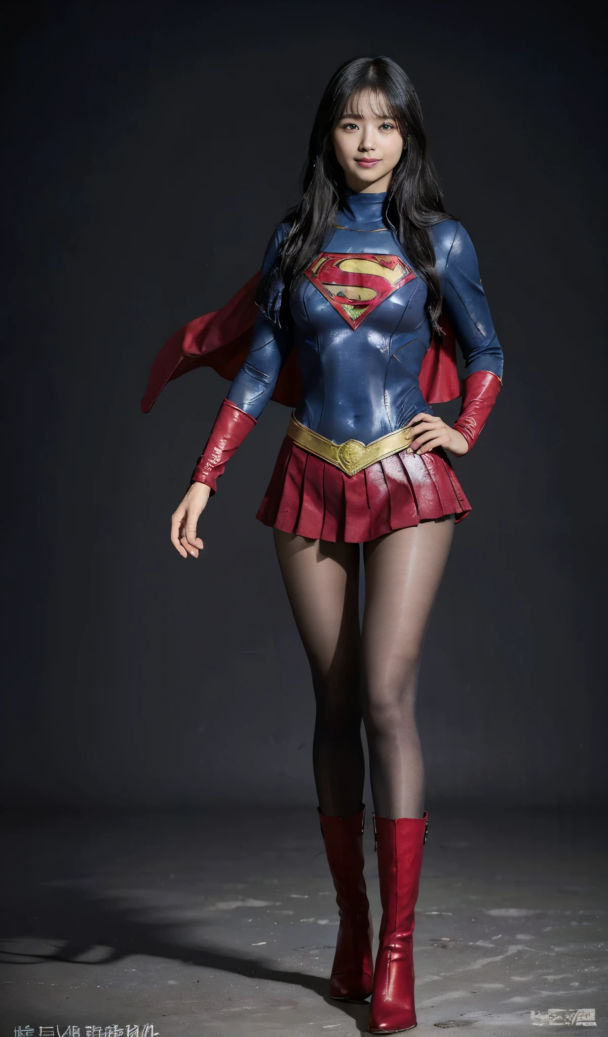 No background、(((Beautiful legs in black tights.)))、(((Legally express the beauty of your smile)))、((((Make the most of your original images)))、(((Supergirl Costume)))、(((Beautiful Hair)))、(((suffering)))、(((Please wear black tights....、Wear red boots)))、((Best image quality、8k))、((Highest quality、8k、masterpiece:1.3))、(((Preserve background )))、Sharp focus:1.2、Beautiful woman with perfect figure:1.4、Slim Abs:1.2、Wet body:1.5、Highly detailed face and skin texture、8k