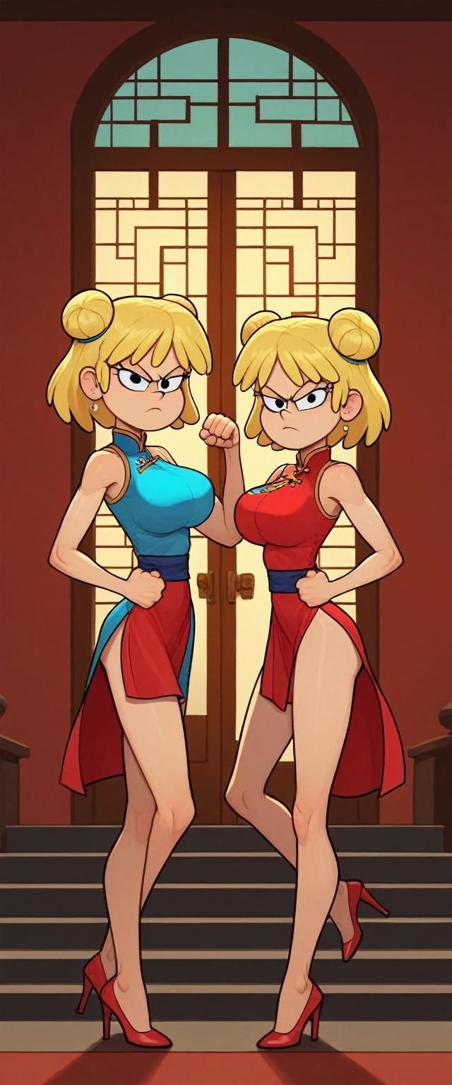 lori loud, 2girls, duo, 24yo girl, huge breasts, blue cheongsam,  inside of a chinese style temple,  looking at viewer, blonde hair, short hair, two hair buns , hands  score_9, score_8_up, score_7_up, high heels,teep fighting stance,martial arts,guarding the stairs behind her, a door behind of the stair, they wear the same outfit, they are twins