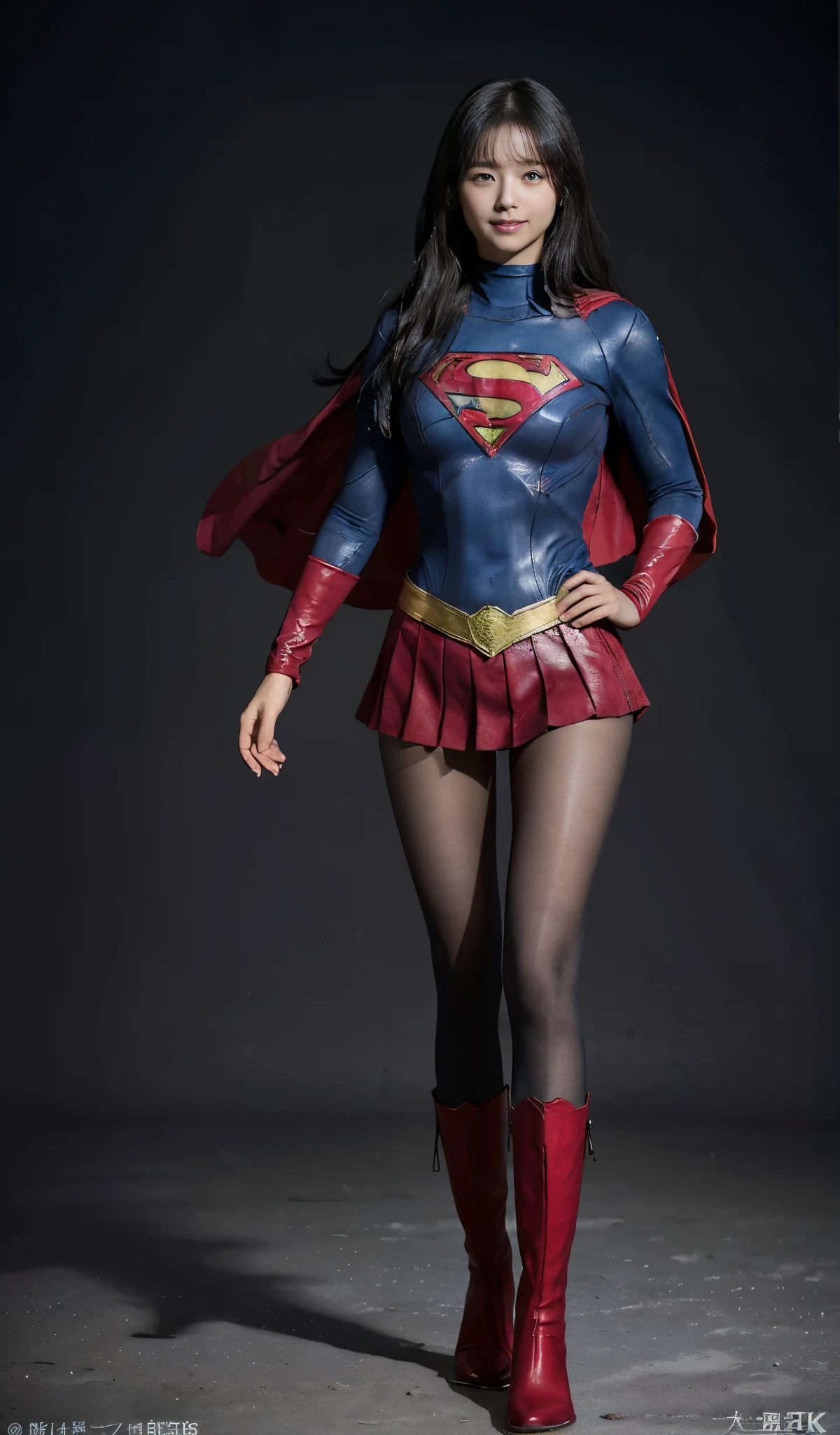 No background、(((Beautiful legs in black tights.)))、(((Legally express the beauty of your smile)))、((((Make the most of your original images)))、(((Supergirl Costume)))、(((Beautiful Hair)))、(((suffering)))、(((Please wear black tights....、Wear red boots)))、((Best image quality、8k))、((Highest quality、8k、masterpiece:1.3))、(((Preserve background )))、Sharp focus:1.2、Beautiful woman with perfect figure:1.4、Slim Abs:1.2、Wet body:1.5、Highly detailed face and skin texture、8k