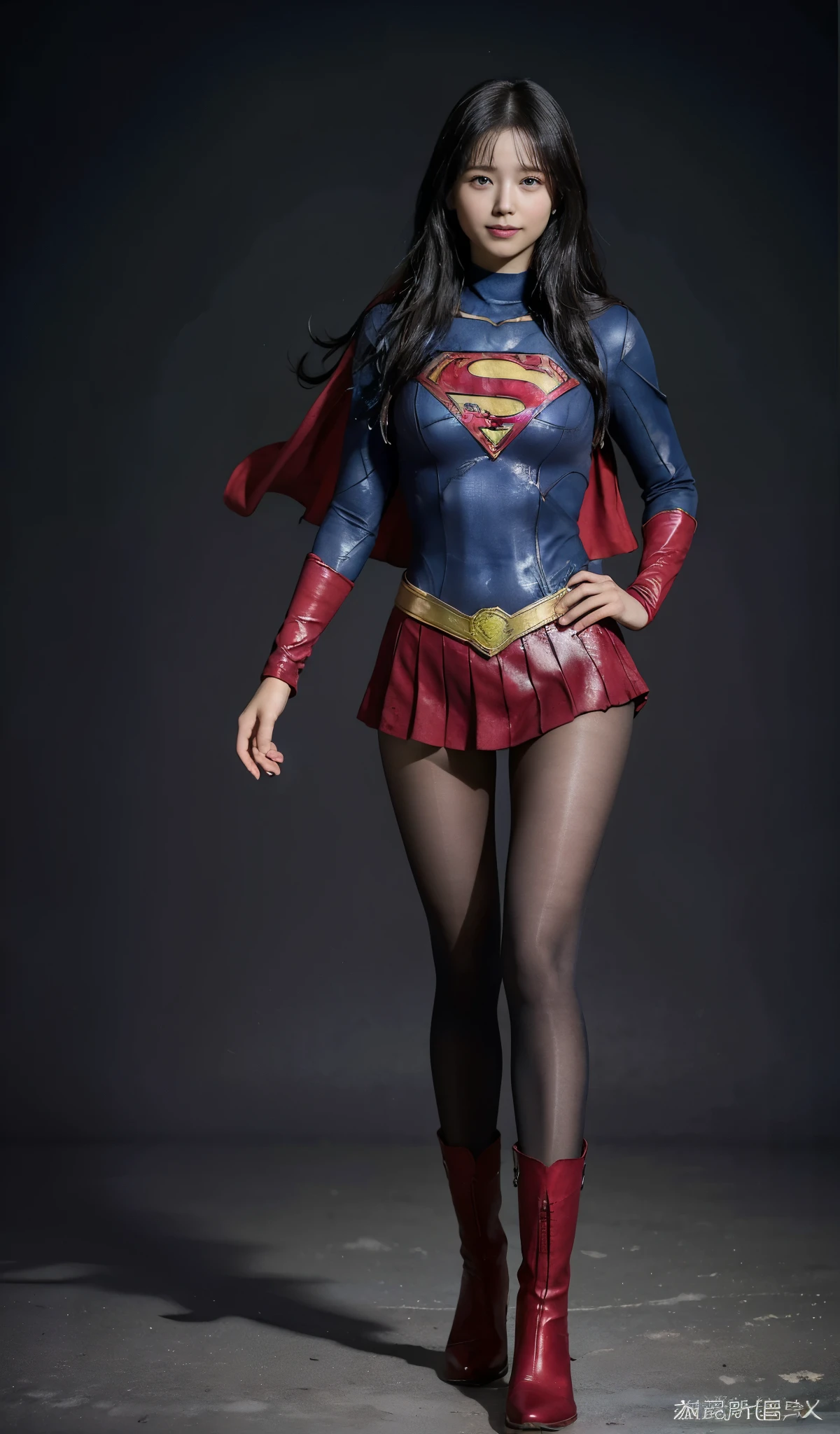 No background、(((Beautiful legs in black tights.)))、(((Legally express the beauty of your smile)))、((((Make the most of your original images)))、(((Supergirl Costume)))、(((Beautiful Hair)))、(((suffering)))、(((Please wear black tights....、Wear red boots)))、((Best image quality、8k))、((Highest quality、8k、masterpiece:1.3))、(((Preserve background )))、Sharp focus:1.2、Beautiful woman with perfect figure:1.4、Slim Abs:1.2、Wet body:1.5、Highly detailed face and skin texture、8k