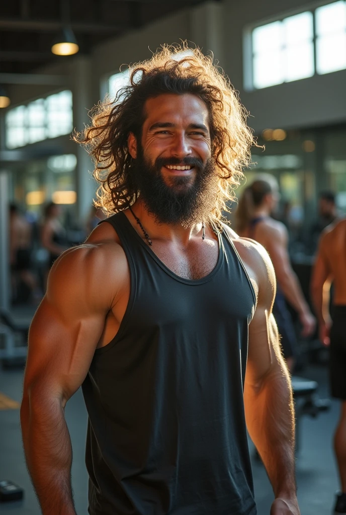 Hairy man with giant hair who goes to the gym without a beard with loose and wavy hair