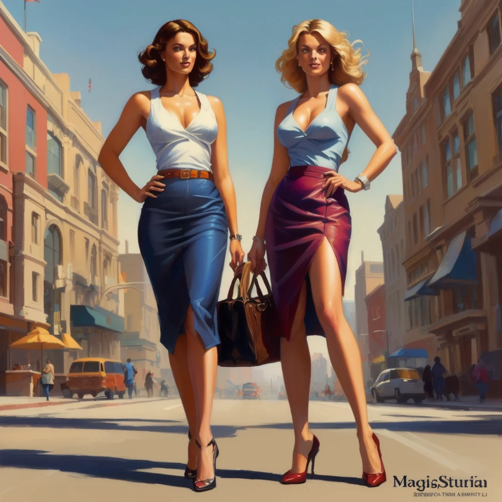 two women in skirts are standing on a city street, inspired by Tim and Greg Hildebrandt, boris vallejo and tom bagshaw, by mads berg, by Marshall Arisman, ( ( mads berg ) ), rob rey and kentarõ miura style, by John La Gatta, promotional art, promo art, by Wayne England