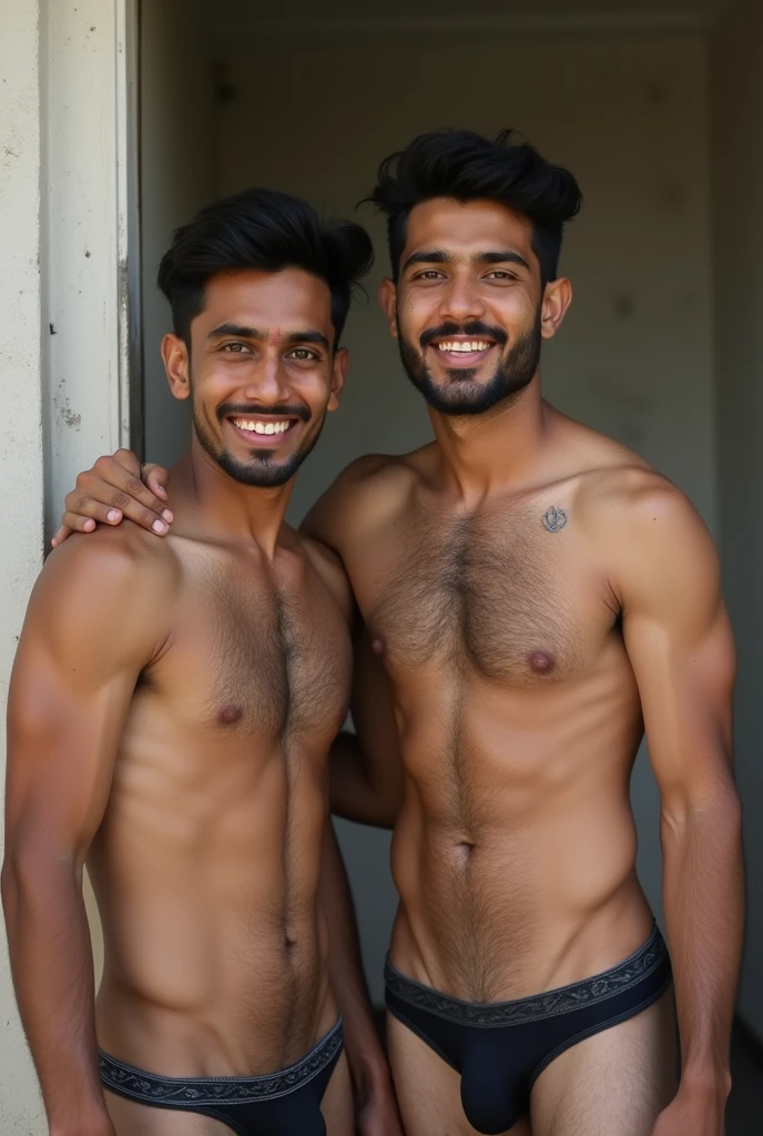 Two Indian Full Nsfw Men, Without any clothes, Age 19, White body colour,  Smile, black hair,  lots of Hairy Chest with pink nipples, abs, 14 inches  biceps, Hand up Open hairy armpits, pubic hair,  hairy legs, one men Raise Hand and show Hairy Armpits 