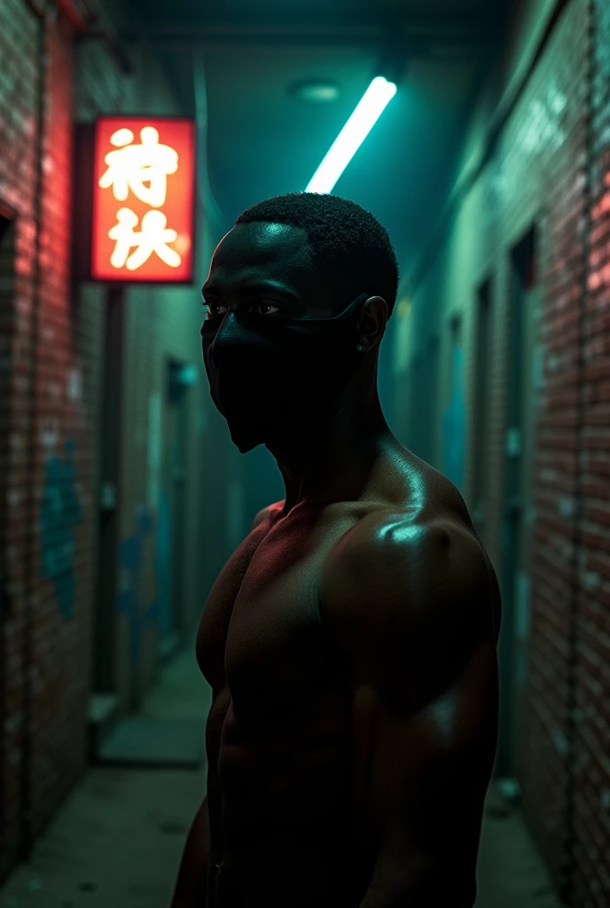 Tall dark-skinned man wearing a black mask because he has burns on his face 