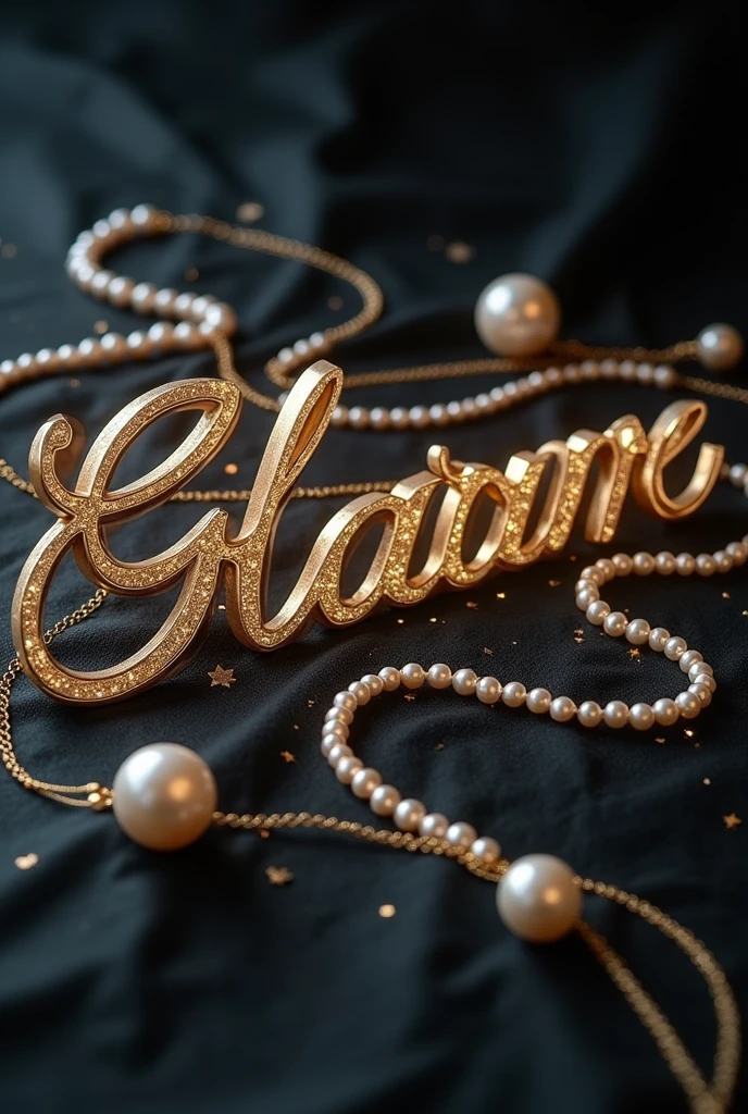 Wallpaper that says GlamStore in letters with very fine 4d tips, elegant style with pearls and pearl necklaces, the same but darker, the store was missing and less shine