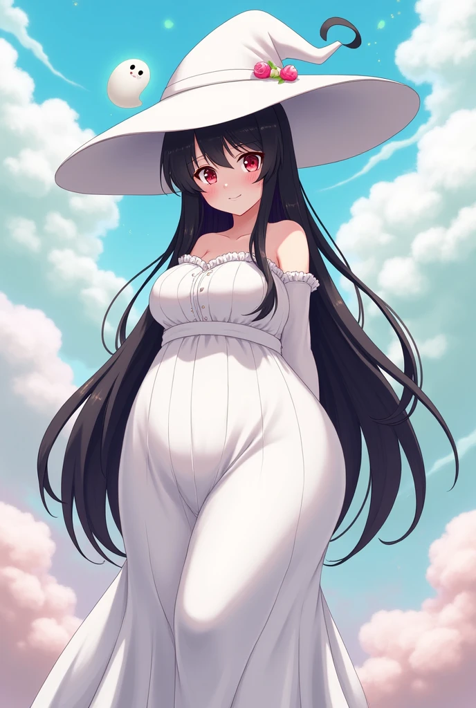 White woman, Black hair, Giant White hat, Red eyes, Thick body, Huge breasts, Big boobs, Big ass, Tall, White dress, Anime style, Ghost aura