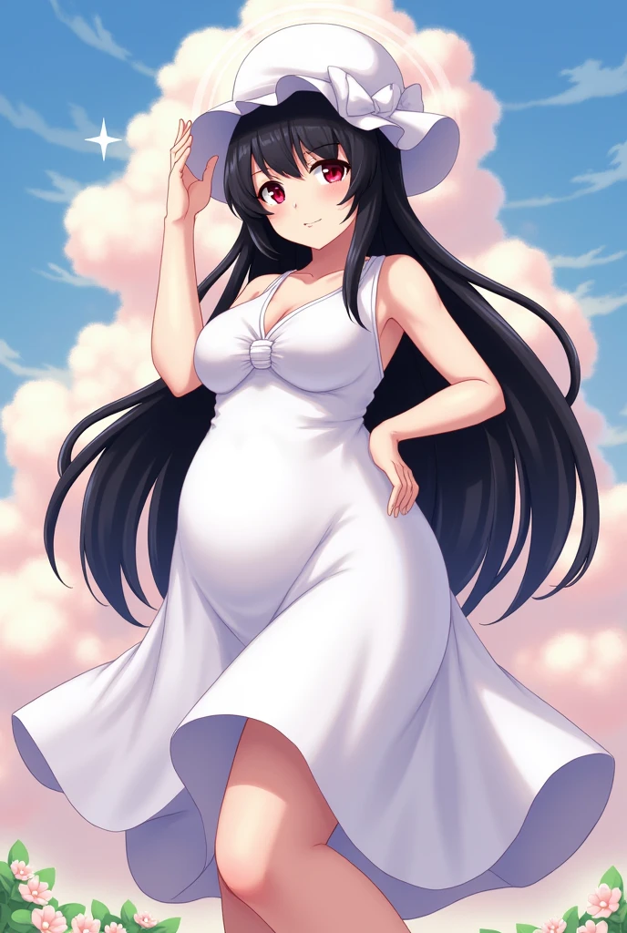 White woman, Black hair, Giant White hat, Red eyes, Thick body, Huge , Big boobs, ss, Tall, We dress, Anime style, Ghost aura 