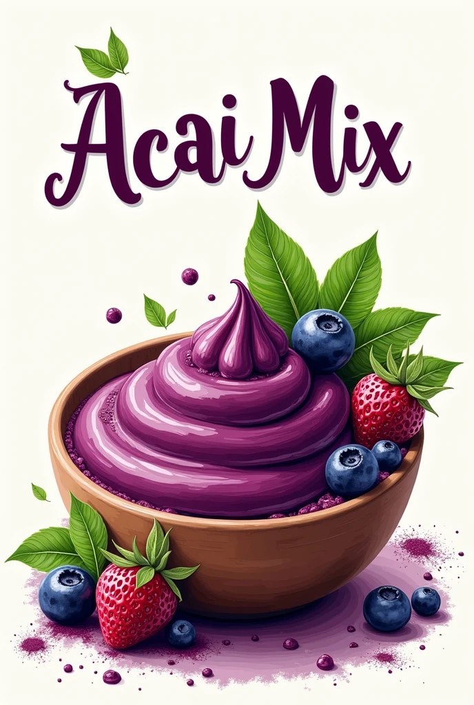 No design, You can use a picture of a very tasty acai bowl, with a creamy texture and a touch of fresh açaí, not including additional fruits. Choose a color palette that evokes nature and freshness, like shades of purple and green. Whose name will be "Acai Mix" I want the name of the business on the poster, I want the açaí from Pará and the most catchy name