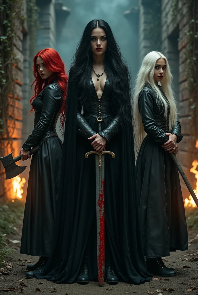 A beautiful and imposing vampire with long black hair holding a blood-stained sword. On your right side is a younger woman with long white hair holding a sword. . On the left a woman with long red hair holding an axe.