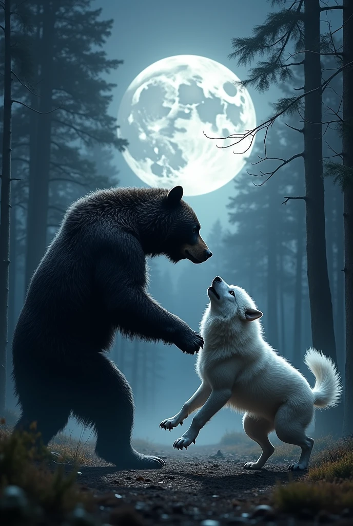 BEAR BLACK FIGHTING WHIT A WOLF WHITE IN THE MOON