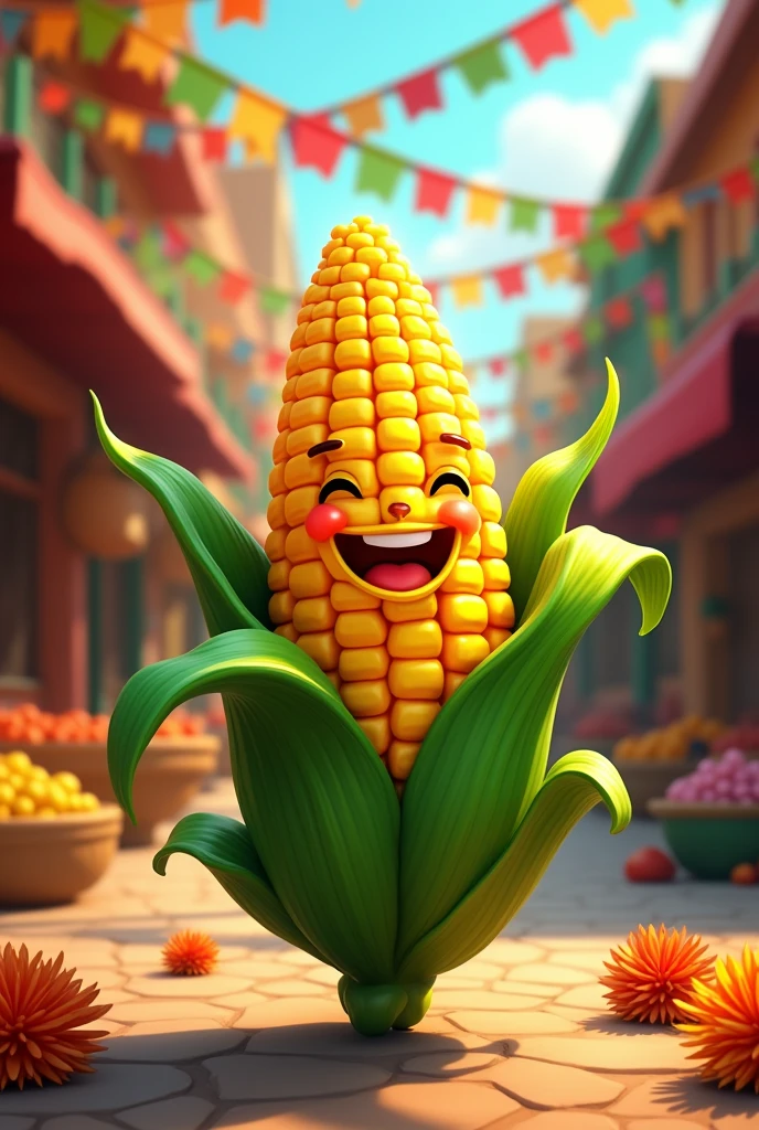 Animated corn cob logo with the word golden corn in Spanish Mexican theme