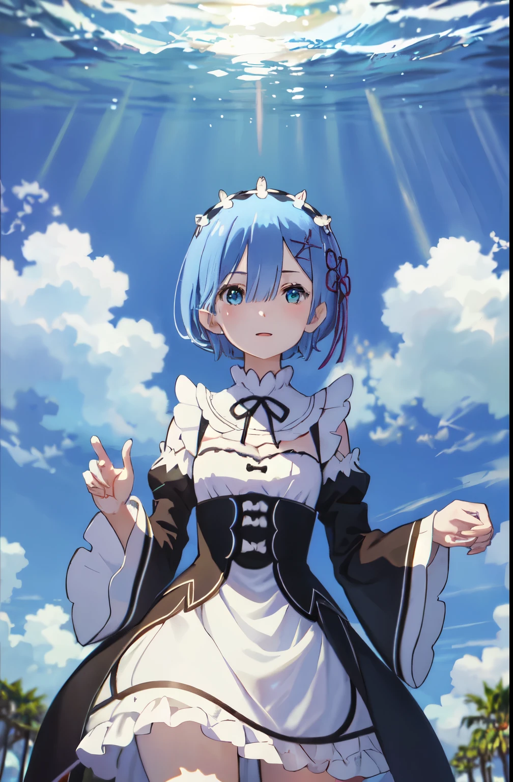 (tmasterpiece:1.6,best qualtiy),(Fine beautiful eyes:1.2),ph_rem,Remhd,1girll,Blue hair,solo,eBlue eyes,x hair accessories,Rossvale Mansion maid uniform,maidennurse,the ocean,gulf,rays of sunshine,the trees,wave,(dress lift:1.2),White panties,Evil laughter,