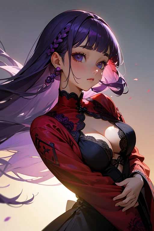 Face close-up、1 person, Blunt bangs, Braiding, Wide sleeves, hair ornaments,Red and navy lace、(Purple Hair:1.2), Very long hair, Straight hair, Looking at the audience, Highly detailed background, (Realistic:1.2), Beautiful Eyes, Red eyeshadow, Written boundary depth，thigh, (Urzan-6500:0.7), Upper Body, (alone:1.2), Cleavage, Glowing Skin、Hair blowing in the wind、Four fingers, One thumb、Rose、Floral pattern on clothes、drink alcohol、Keep your hands on your hips、Face close-up、close、Stick your butt out！