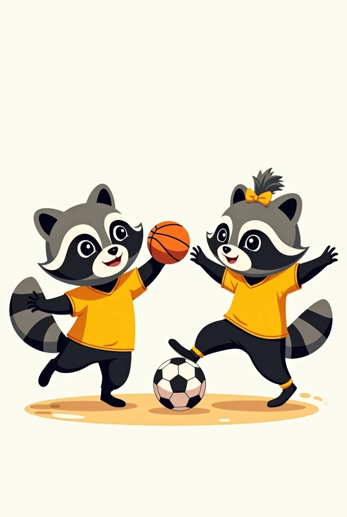 Create three animated raccoons, one with a basketball, another one stepping on a soccer ball and another one playing volleyball (This raccoon with a bow on his head to make him look feminine). All three must have a yellow sports uniform with black details., no marks. The three of them together as if those sports united them, without a specific background 