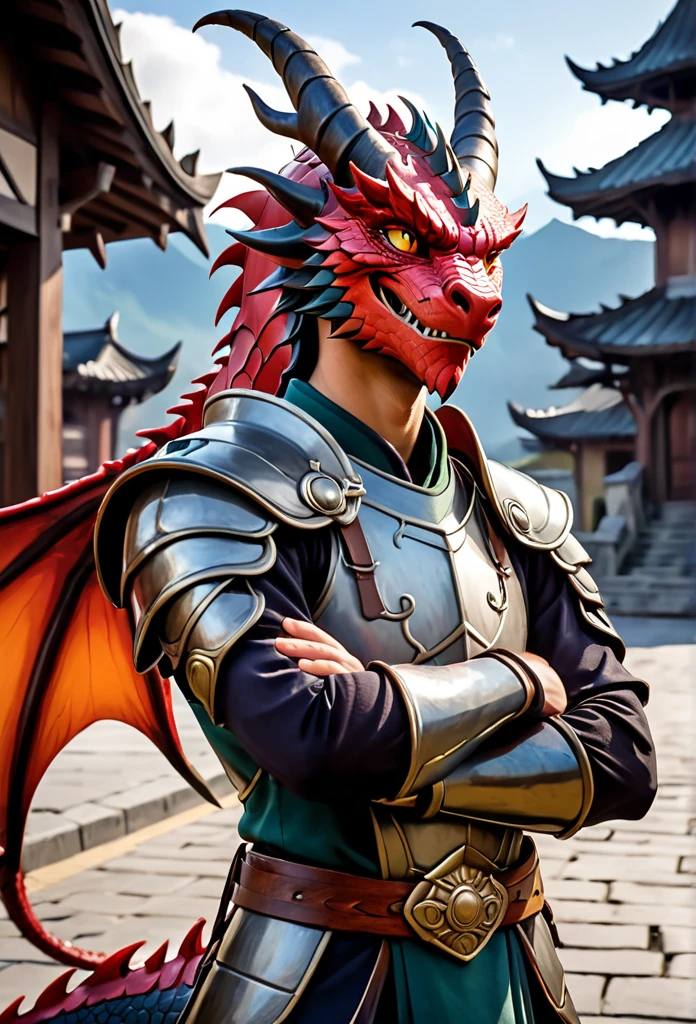 (Adolecente)(red Dragon),look like, With helmet on head ,(normal body), There is a scar on the face., elegant, OK,(scars on the face), on the street,(express),(wood house),(con scars on the face:1.2),look at the screen,(dragon horn),(dragon tail),perfect masterpiece,(16k),alone,(crossed hands),perfect, Forehead,(fierce expression:1.2),(Vision:1.5), dragon wings,more details,CG,(red Dragon), torso, (armor)),serious expression,volcano background