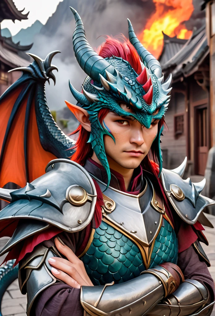 (Adolecente)(red Dragon),look like, With helmet on head ,(normal body), There is a scar on the face., elegant, OK,(scars on the face), on the street,(express),(wood house),(con scars on the face:1.2),look at the screen,(dragon horn),(dragon tail),perfect masterpiece,(16k),alone,(crossed hands),perfect, Forehead,(fierce expression:1.2),(Vision:1.5), dragon wings,more details,CG,(red Dragon), torso, (armor)),serious expression,volcano background