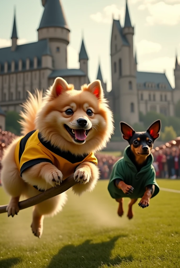 Create an image of a beige German Spitz dog dressed in the Hufflepuff house uniform from the Harry Potter saga flying on a broomstick in a Quidditch game at Hogwarts, on another broom black dachshund wearing slytherin house clothes