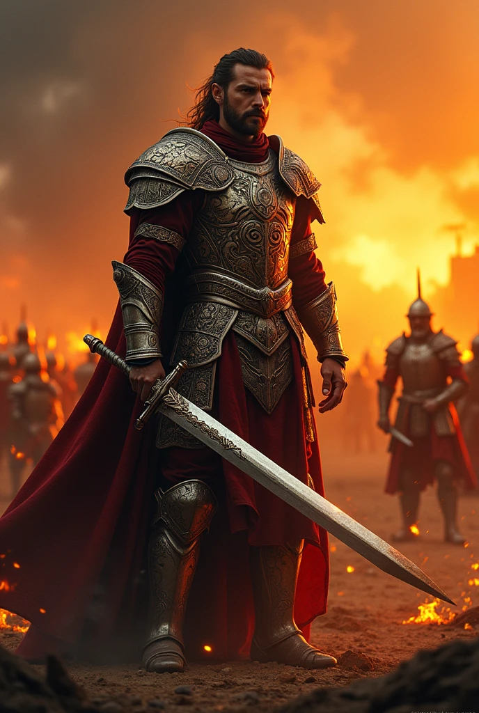 Warrior in shining armor and sword at war 

