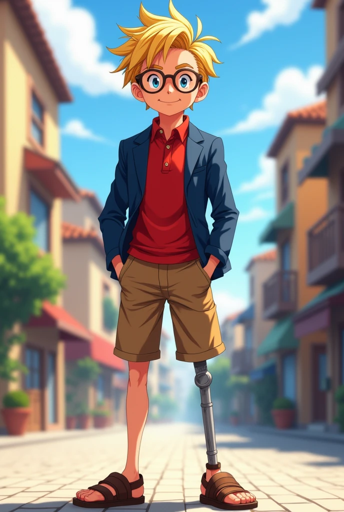 age rich amputee boy with (blonde hair) and round glasses, wearing a (red polo shirt) under a (blue suit jacket), wearing (tan shorts) and (brown sandals), smirking; (((Best quality))) master piece vector illustration; anime character in sharp focus; detailed and vibrant anime face; character design; beautiful and vibrant digital art, hyperdetailed; overexaggerated features; Dynamic Lighting; Volumetric Lighting in 8k, Ultra Sharp Focus; intricate Artwork Masterpiece