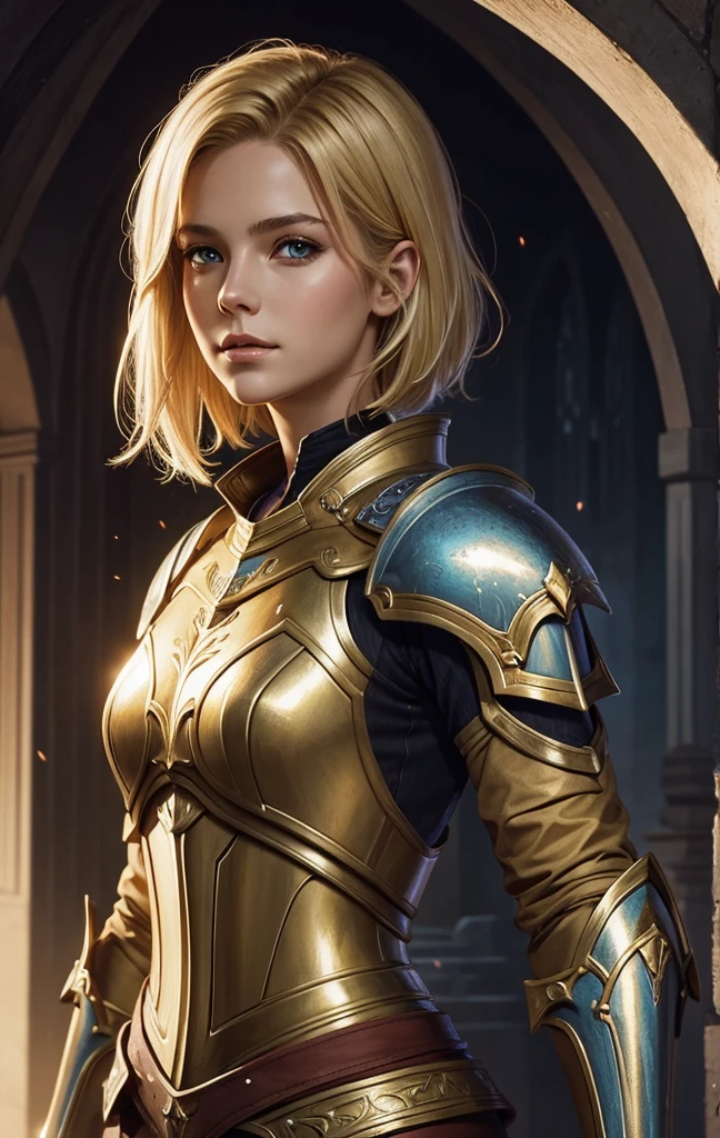 masterpiece, best quality, 1woman, solo, fantasy art, female paladin, beautiful, portrait, short blonde hair, looking at viewer