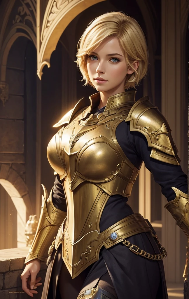 masterpiece, best quality, 1woman, solo, fantasy art, female paladin, beautiful, portrait, short blonde hair, looking at viewer