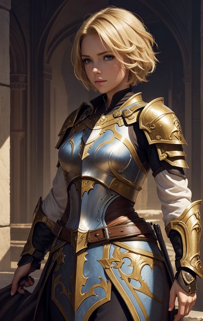 masterpiece, best quality, 1woman, solo, fantasy art, female paladin, beautiful, portrait, short blonde hair, looking at viewer