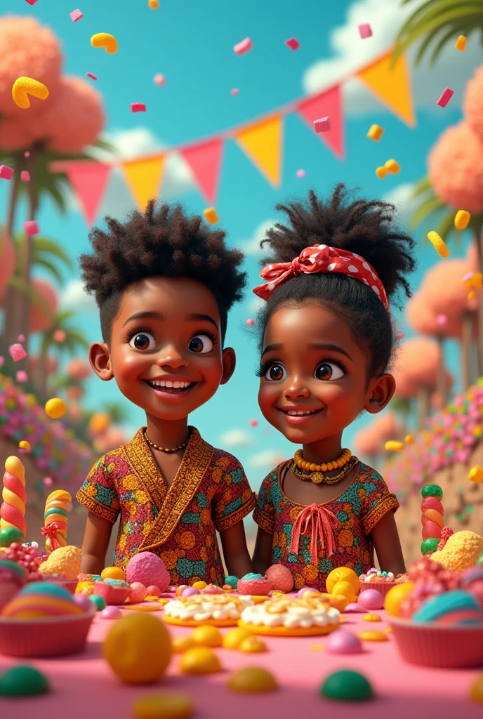 A colorful and vibrant montage with the theme of Cosme and Damião's party. En el centro de la imagen, there are two figures of twin children,black, with African clothes, symbolizing the Ibejada, with cheerful smiles and colorful traditional clothes. around the children, there is an abundance of sweets, lollipops, candies and sweets scattered all over the image, Creating a festive setting.