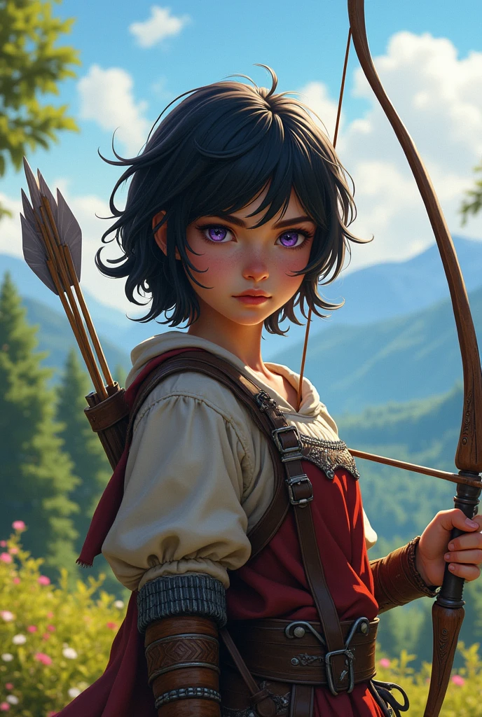 A girl who wants to be a heroine in medieval times, He has short black hair, purple eyes and uses an arrow