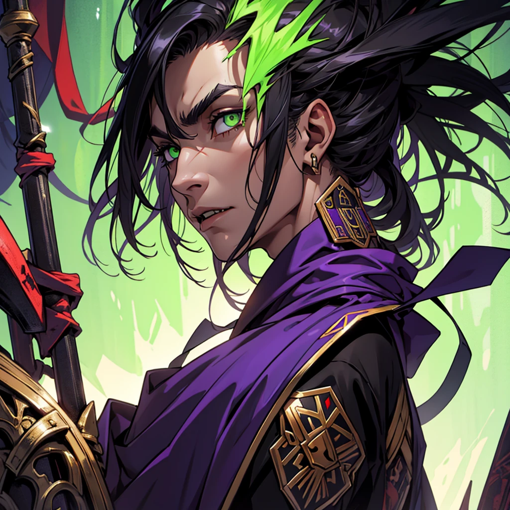 Vampire Species. green eyes. Medium length purple and black hair. tall height(2M). Muscular and very strong.  Aztec General&#39;s Clothes. standing alone, standing.