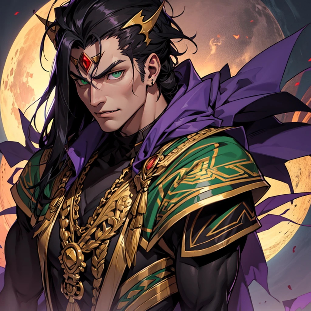 Vampire Species. green eyes. Medium length purple and black hair. tall height(2M). Muscular and very strong.  Aztec General&#39;s Clothes. standing alone, standing.