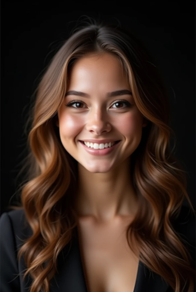 Create a smiling young woman of about 22 years old, chestnut wavy hair, confident and successful, friendly and charming but with a powerful and engaging look, in a modern professional environment with a black background. Add elements of elegance, confidence and subtle elements of lights or glitter to highlight the inspiration.