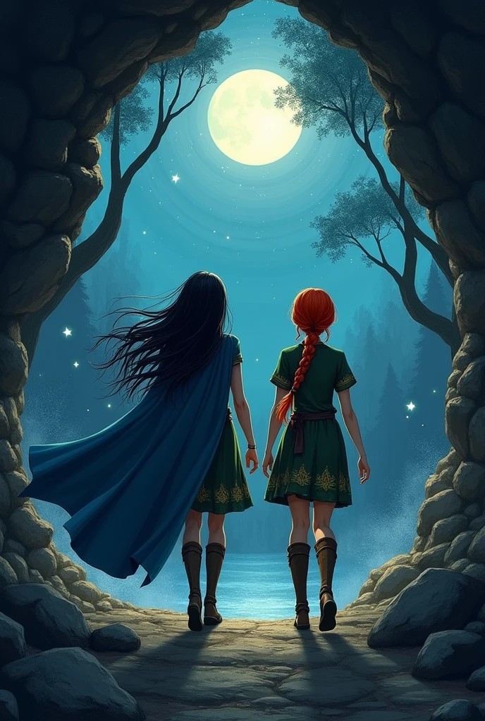 Two tall girl getting up from the cave at night real image