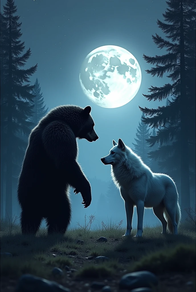 REALISTIC BEAR BLACK FIGHTING WHIT A WOLF WHITE IN THE MOON