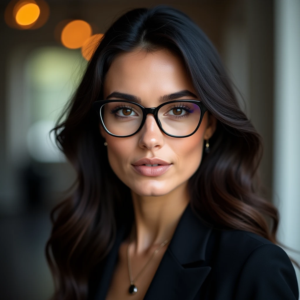 (photorealism:1.5), beautiful woman, portrait, facing directly in front of her, side profile, caucasian, dark hair, dark brown eyes, wearing glasses, neutral expression, professional lighting, high resolution, detailed, standing straight