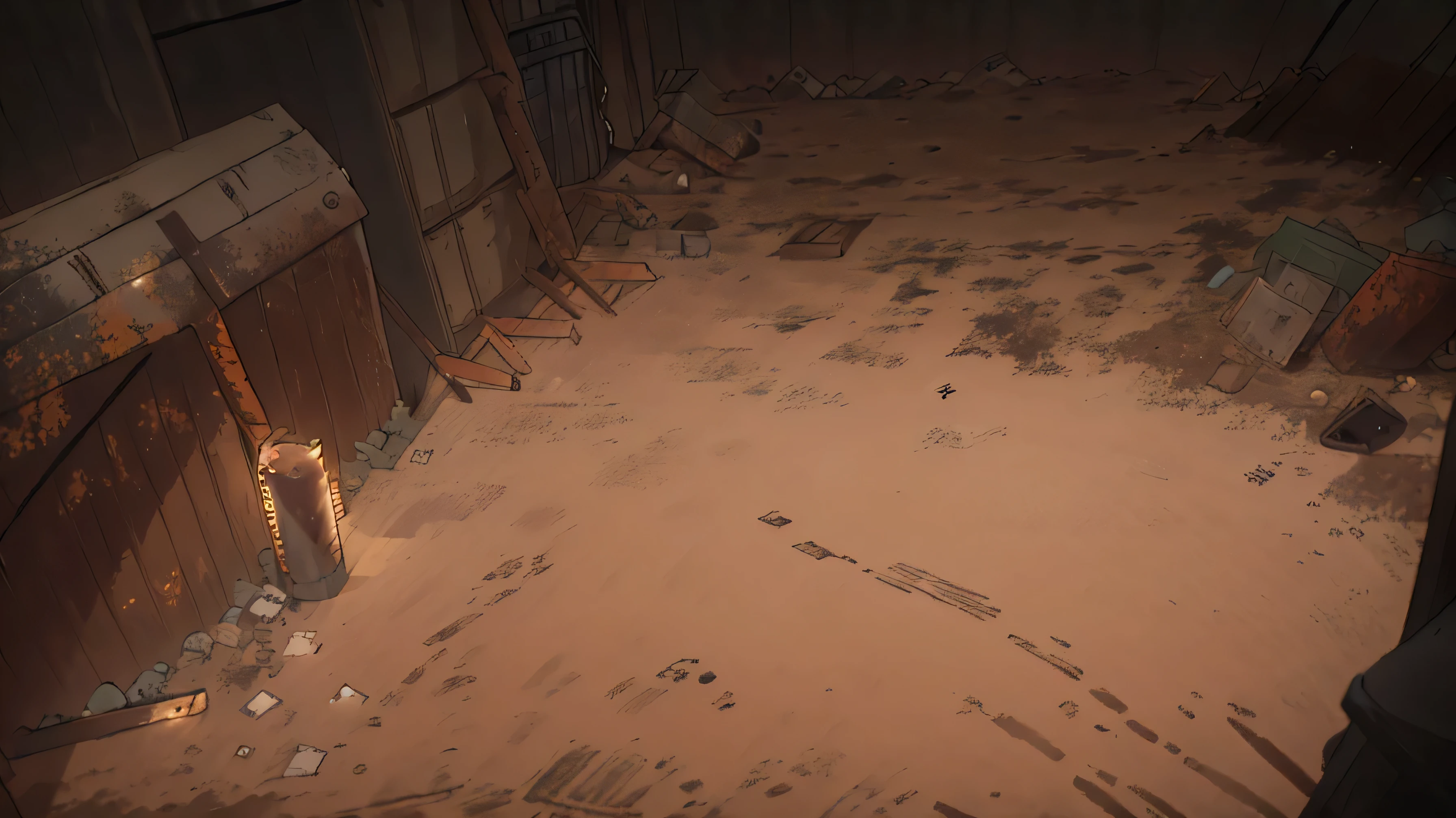 ground view, rust and garbage, dim light