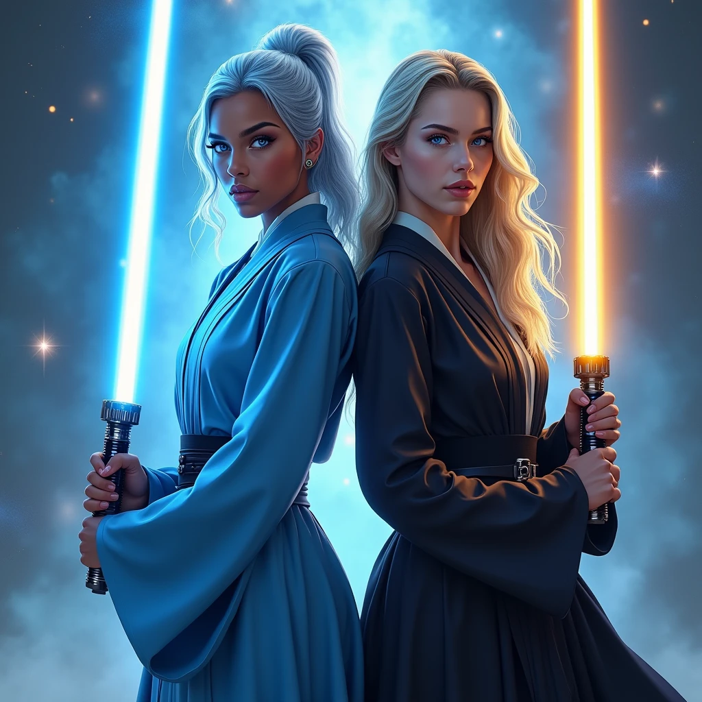 1 beautiful biracial latina woman, light blue hair, light blue eyes, big large breasts cosplay in blue jedi with lighsaber blue close to a beautiful white woman, blue eyes, blond hair, big large breast, cosplay in black jedi light saber gold, Résolution Haute,