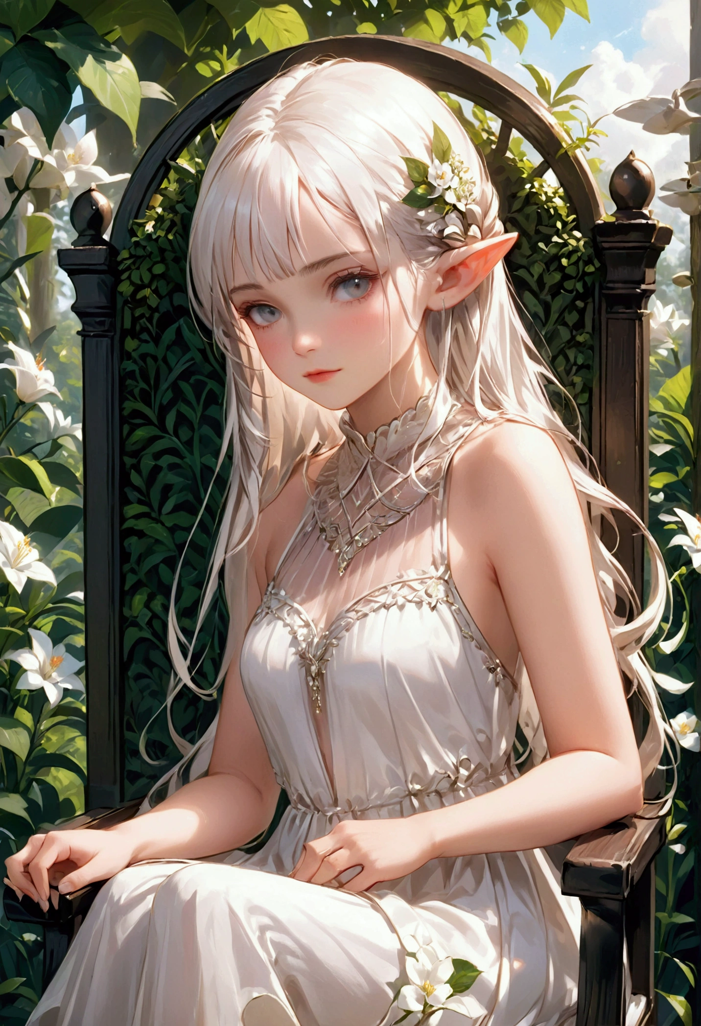 A beautiful elf with long white hair sitting on a wooden chair, elegant white dress, detailed facial features, delicate hands, serene expression, lush garden background with flowers and greenery, natural lighting, cinematic composition, 8K, award-winning illustration, masterpiece, photorealistic