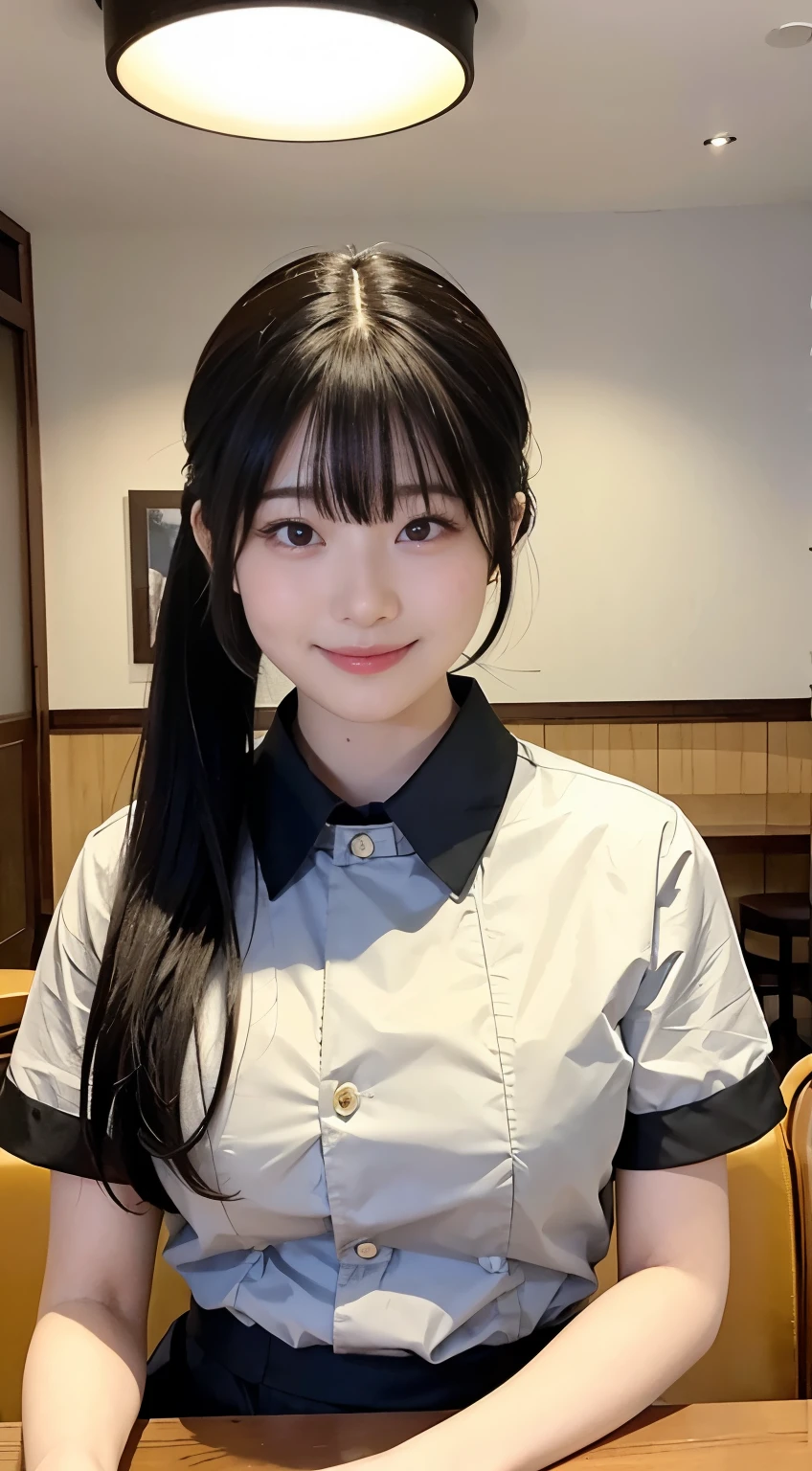 (Highest quality,masterpiece:1.3,Ultra-high resolution,),(Very detailed,Caustics),(Realistic:1.4,RAW shooting,)Ultra-Realistic Capture,Very detailed,High resolution 16K human skin closeup。 Natural skin texture、,pores、、、、It must be detailed enough to be easily identifiable。 Skin tone is even and healthy looking。 Use natural light and color,restaurant,Waitress Uniform,1 person,Japanese,18-year-old,cute,Black-haired,ponytail,Big Breasts,smile,Turn your body forward,(Front view:1.1),Looking into the camera,Cowboy Shot,