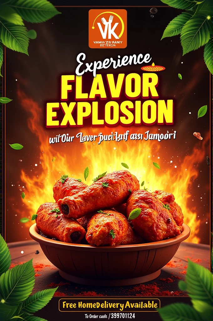 A vibrant and eye-catching poster for VK Family Restaurant's realistic looking tandoori chicken offer. The background is a lively and colorful theme, featuring fresh green leaves, abstract food-related patterns, and a burst of spices, representing the freshness. The VK Family logo is prominently displayed at the top, followed by enticing image of realistic looking Chicken Tandoori prominently. The center of the poster features the text "Experience the Flavor Explosion with Our Juicy Chicken Tandoori!" to catch the viewer's attention. 'Free Home Delivery Available' and 'To Order, Call 7396701124' are, photo, illustration, poster, typography, cinematic, 3d render
