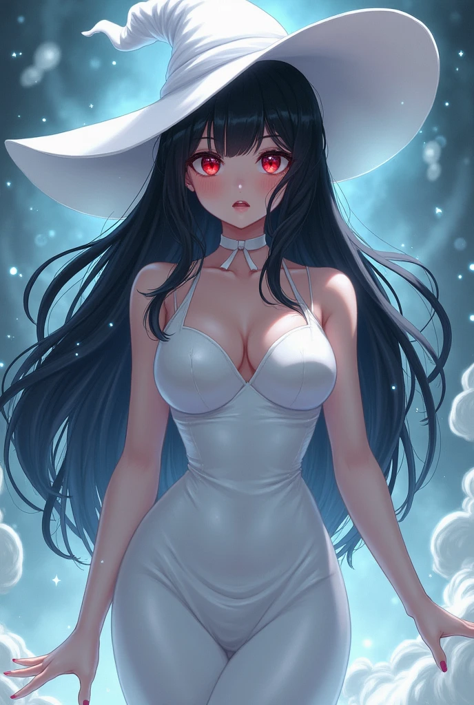 White woman, Black hair, Giant White hat, Red eyes, Thick body, Huge breasts, Big boobs, Big ass, Tall, White dress, Anime style, Ghost aura, sexy body